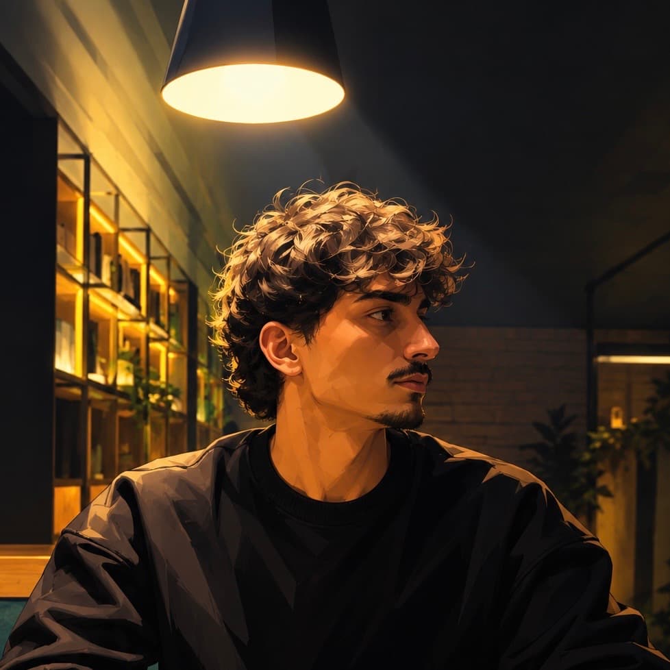 Illustrated portrait of Pouyan under a warm lamp in a bookshelf-lined room